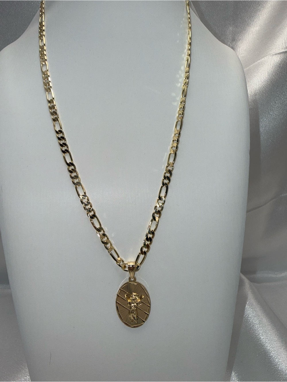 18K Gold Dipped Jesus Pendant Figaro Necklace